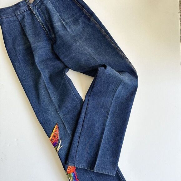 Vintage 70s Vik Vizette Flare Jeans Denim Embroidered Butterflies Blue Size 26 - Picture 3 of 12